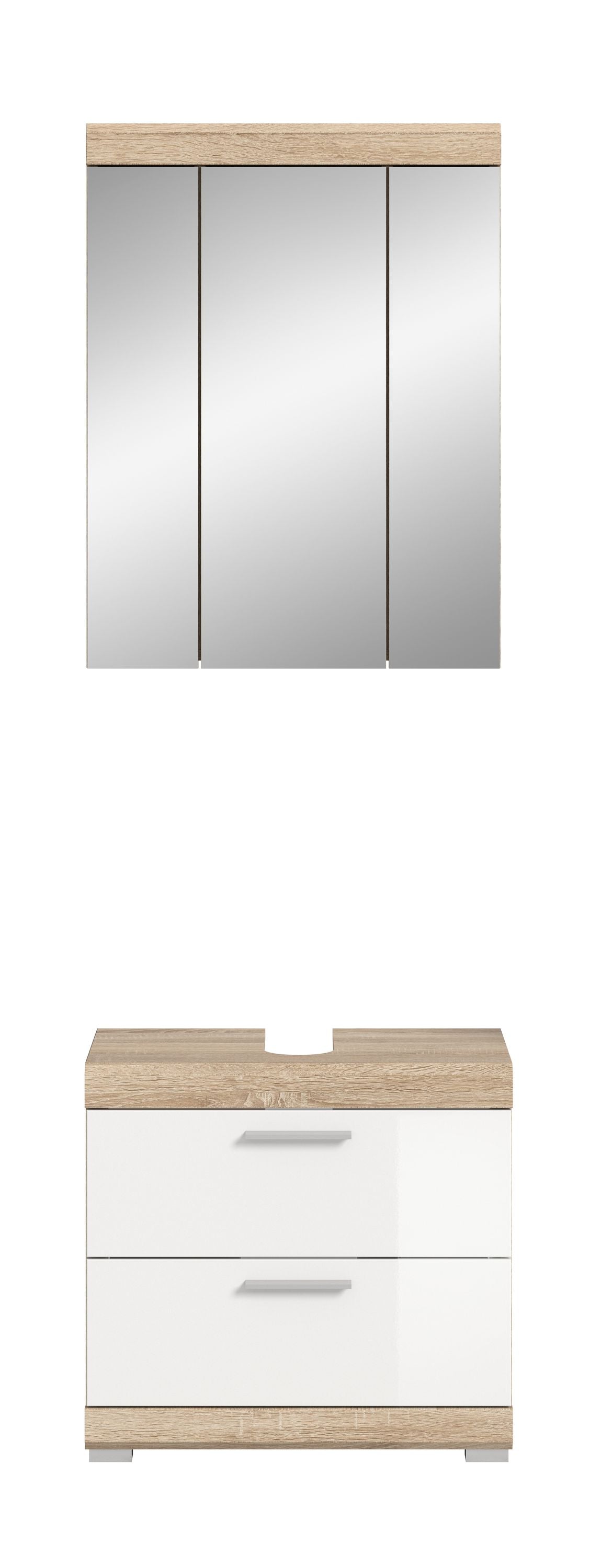 Waschtischunterschrank mit zwei Schubladen und Spiegelschrank mit Dreitüren