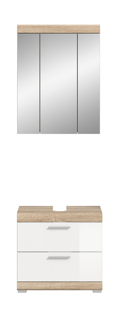 Waschtischunterschrank mit zwei Schubladen und Spiegelschrank mit Dreitüren
