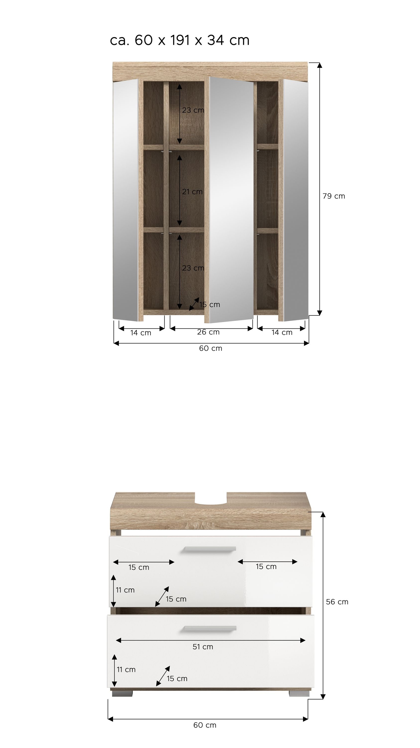 Badschrank und Spiegelschrank im Maßbild mit Frontansicht und Seitenansicht
