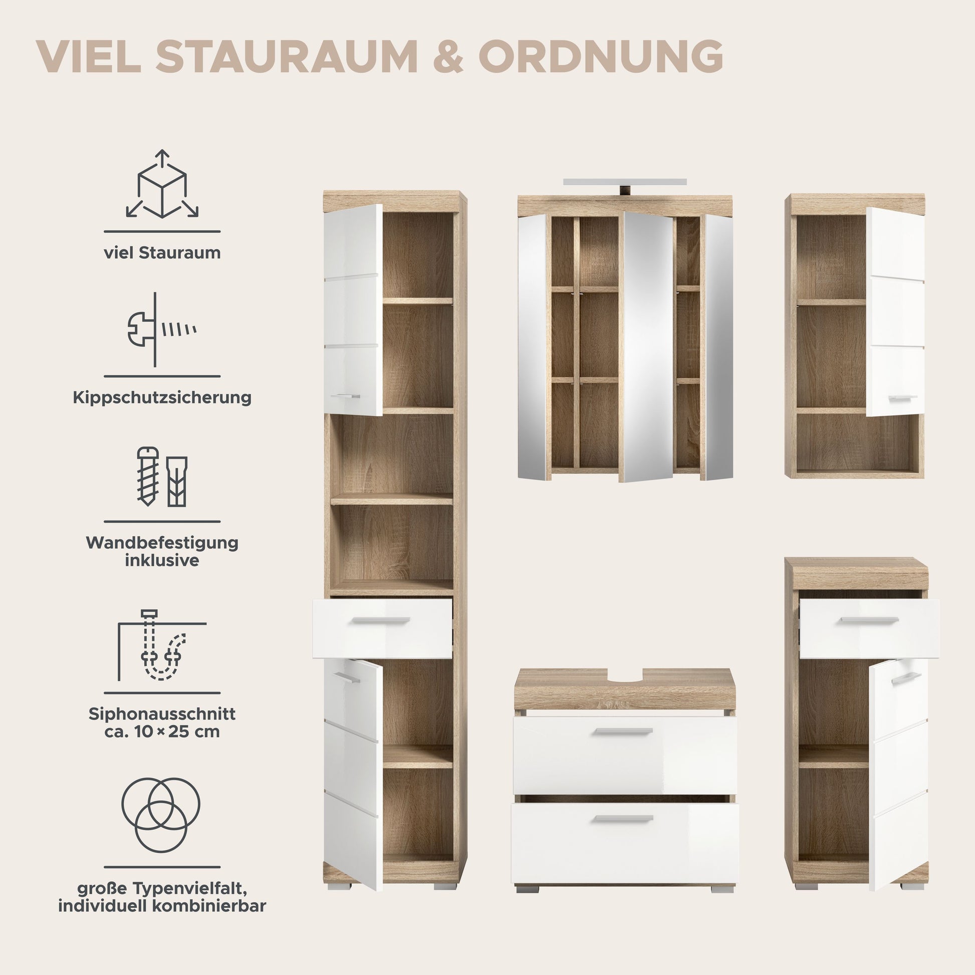 Badezimmerset 5-teilig mit weißen Fronten und Holzdekor, Hochschränke, Spiegelschrank und Unterschrank