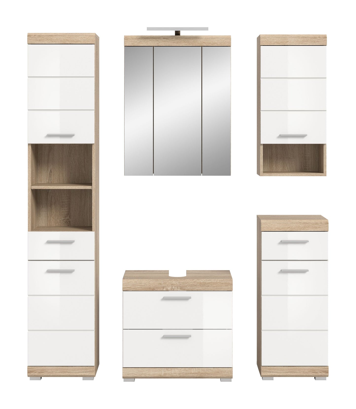 Badezimmerset 5-teilig mit weißen Fronten, Holzdekor und Spiegelschrank; Schränke mit Schubladen