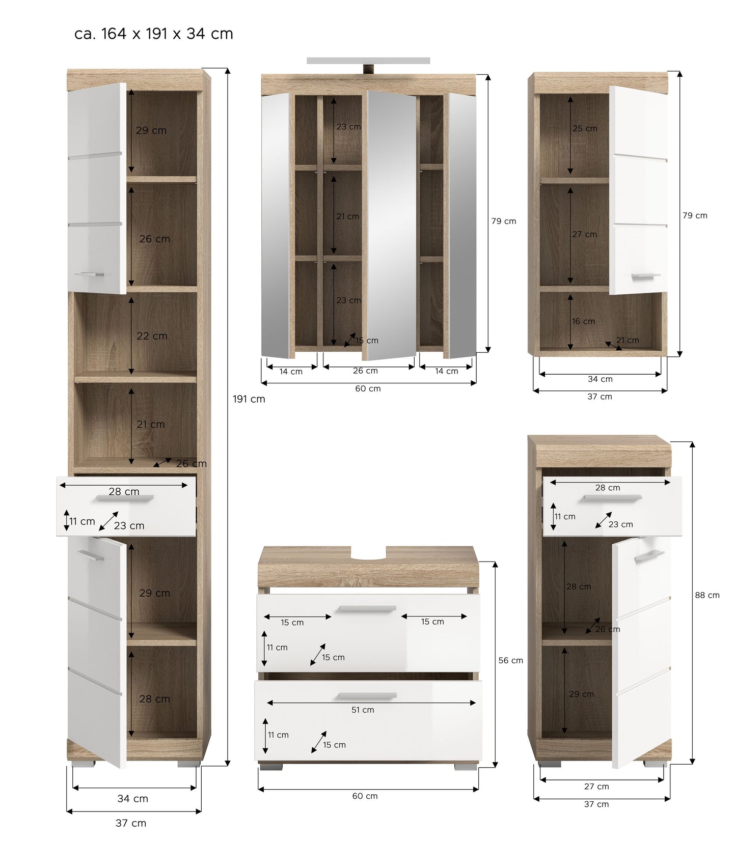 Badezimmerset 5-teilig mit weißen Fronten und Holzdekor, Schränken mit Fächern und Schubladen