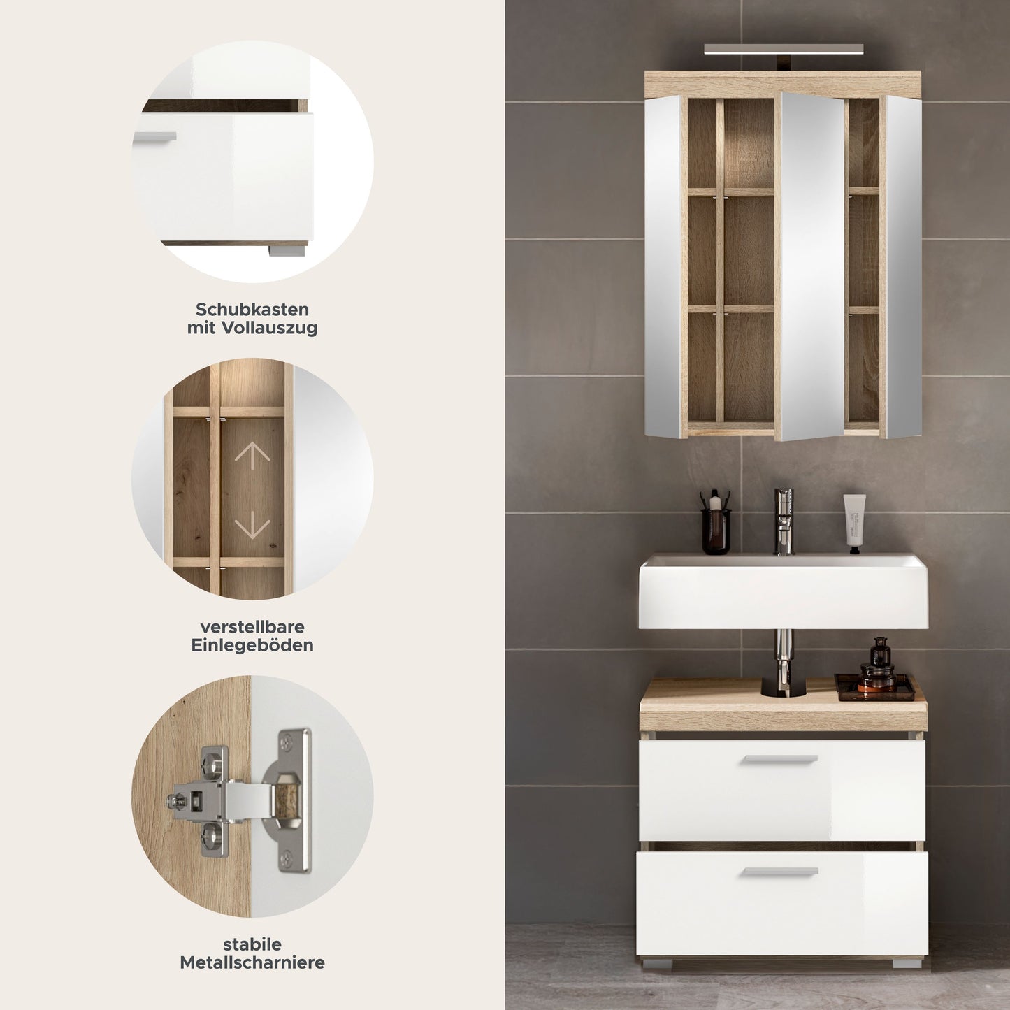 Badezimmerschrank mit Schuhkiste-Optik, offene Fächer, Sonoma-Eiche/weiß