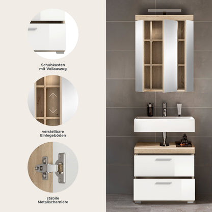Badezimmerschrank mit Schuhkiste-Optik, offene Fächer, Sonoma-Eiche/weiß