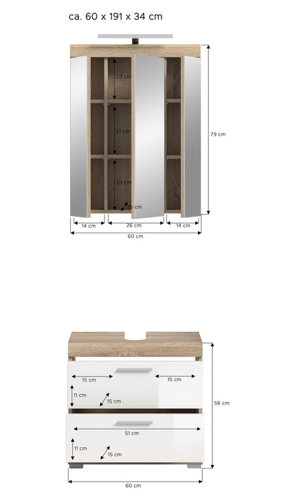 Badezimmerschrank 2-tlg. mit Maßen, offene Fächer im Schrankbereich, Sonoma-Eiche/weiß