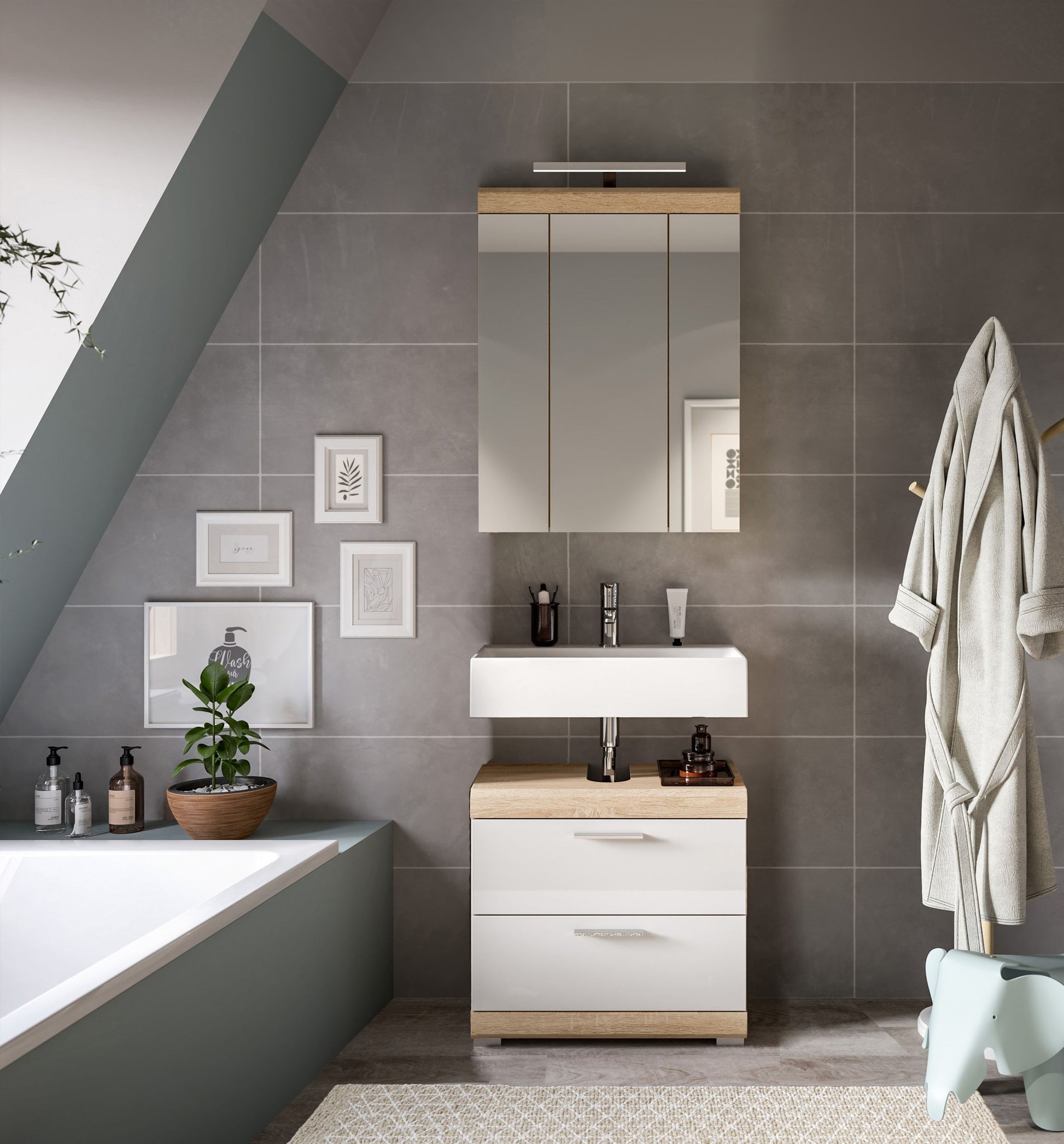 Badezimmer-Set mit Spiegelschrank und Waschtischunterschrank, Sonoma-Eiche/weiß