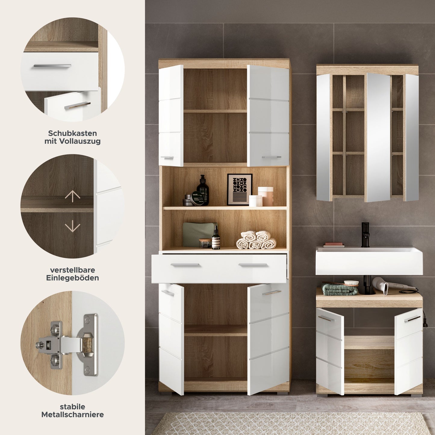 Badezimmerset mit Hochschrank, Spiegelschrank und Waschtischunterschrank mit Holzplatte