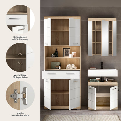 Badezimmerset mit Hochschrank, Spiegelschrank und Waschtischunterschrank mit Holzplatte