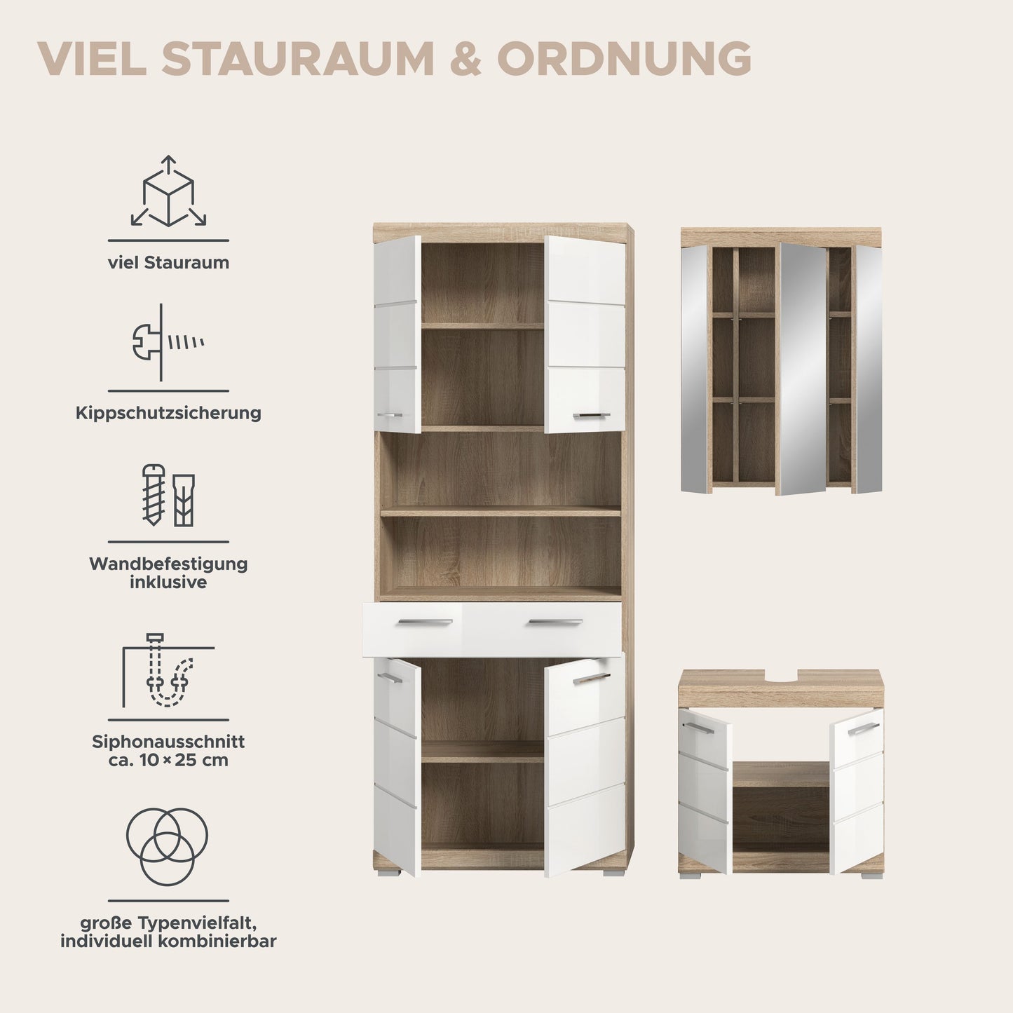 Badezimmerset-Set: Hochschrank mit Fächern, Spiegelschrank und Waschtischunterschrank