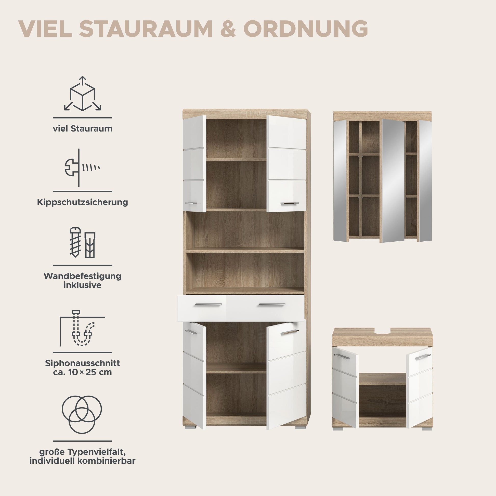 Badezimmerset-Set: Hochschrank mit Fächern, Spiegelschrank und Waschtischunterschrank