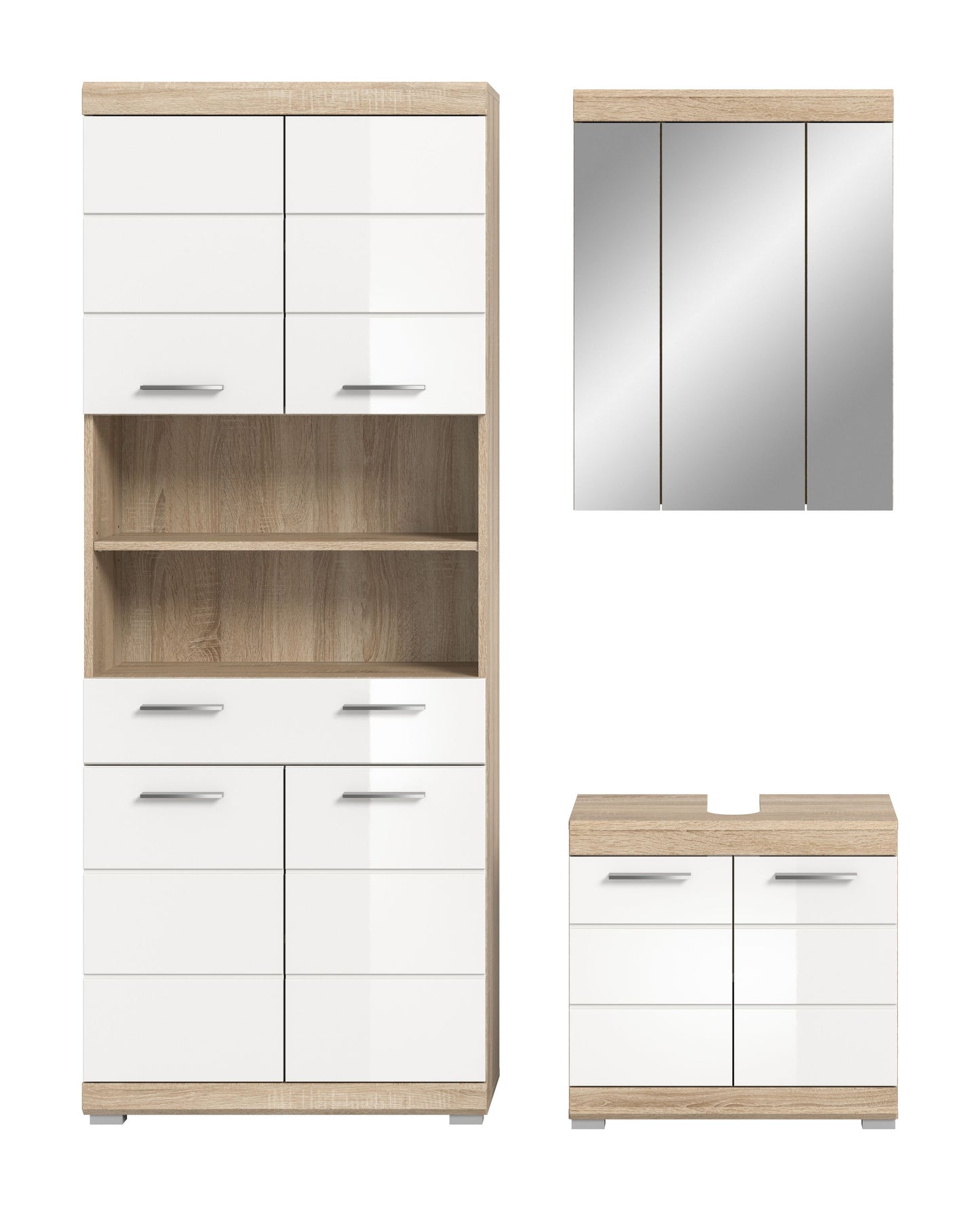 Badezimmerset: Hochschrank mit weißen Fronten und Holzdekor, plus Spiegelschrank