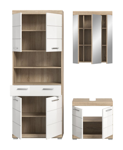 Badezimmerset: Hochschrank und Waschtisch mit weißen Fronten und Holzdekor