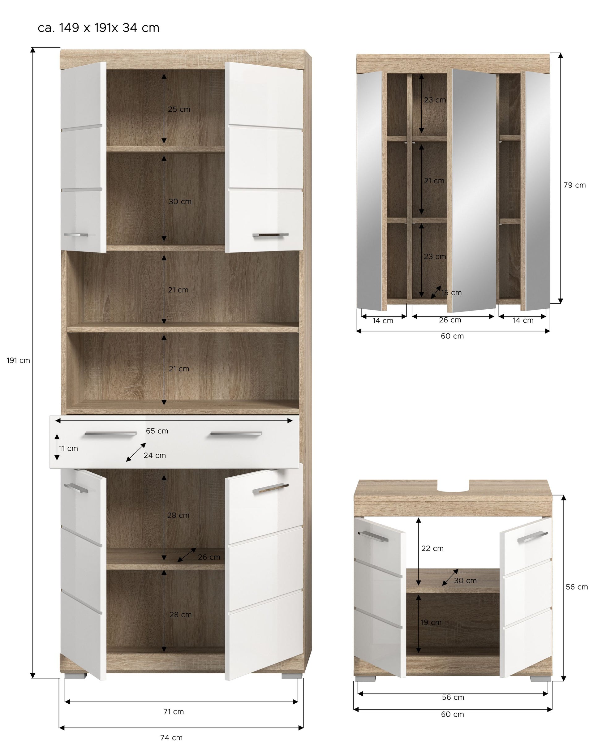 Badezimmerset 3-teilig: Schrank, Spiegel und Waschtisch mit Maßangaben