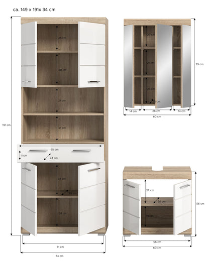 Badezimmerset 3-teilig: Schrank, Spiegel und Waschtisch mit Maßangaben