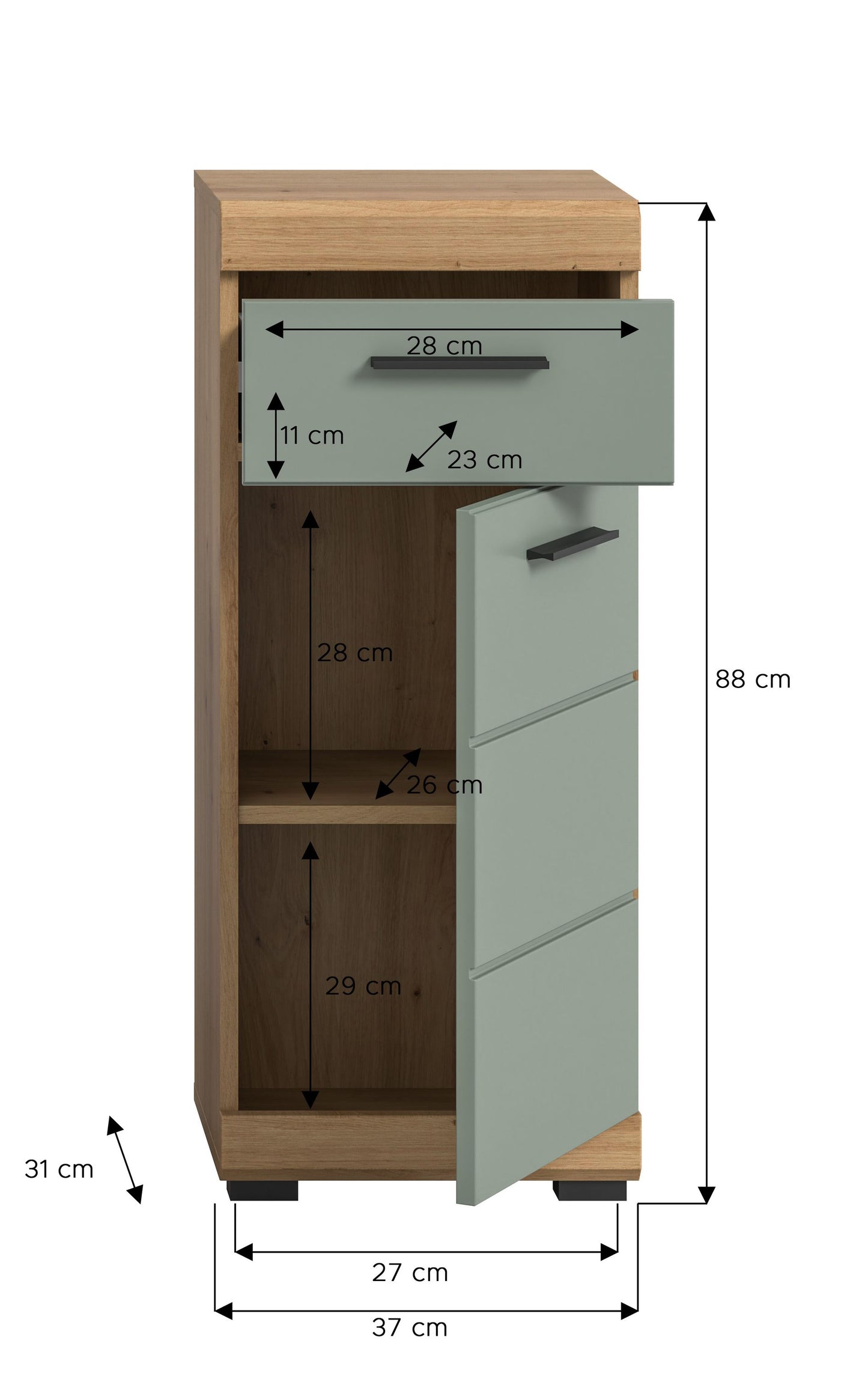 Schmale Badkommode mit Schublade, salbeigrün/holzfarben, mit Maßangaben