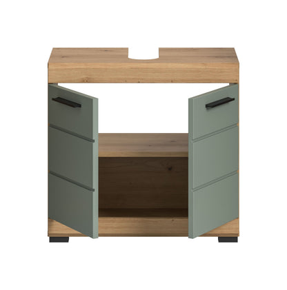Waschbeckenunterschrank mit offenem Innenraum, mintfarbene Front und Holzboden