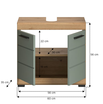 Waschbeckenunterschrank, mintfarbene Front und Holzkorpus, Maßangaben 60×56 cm