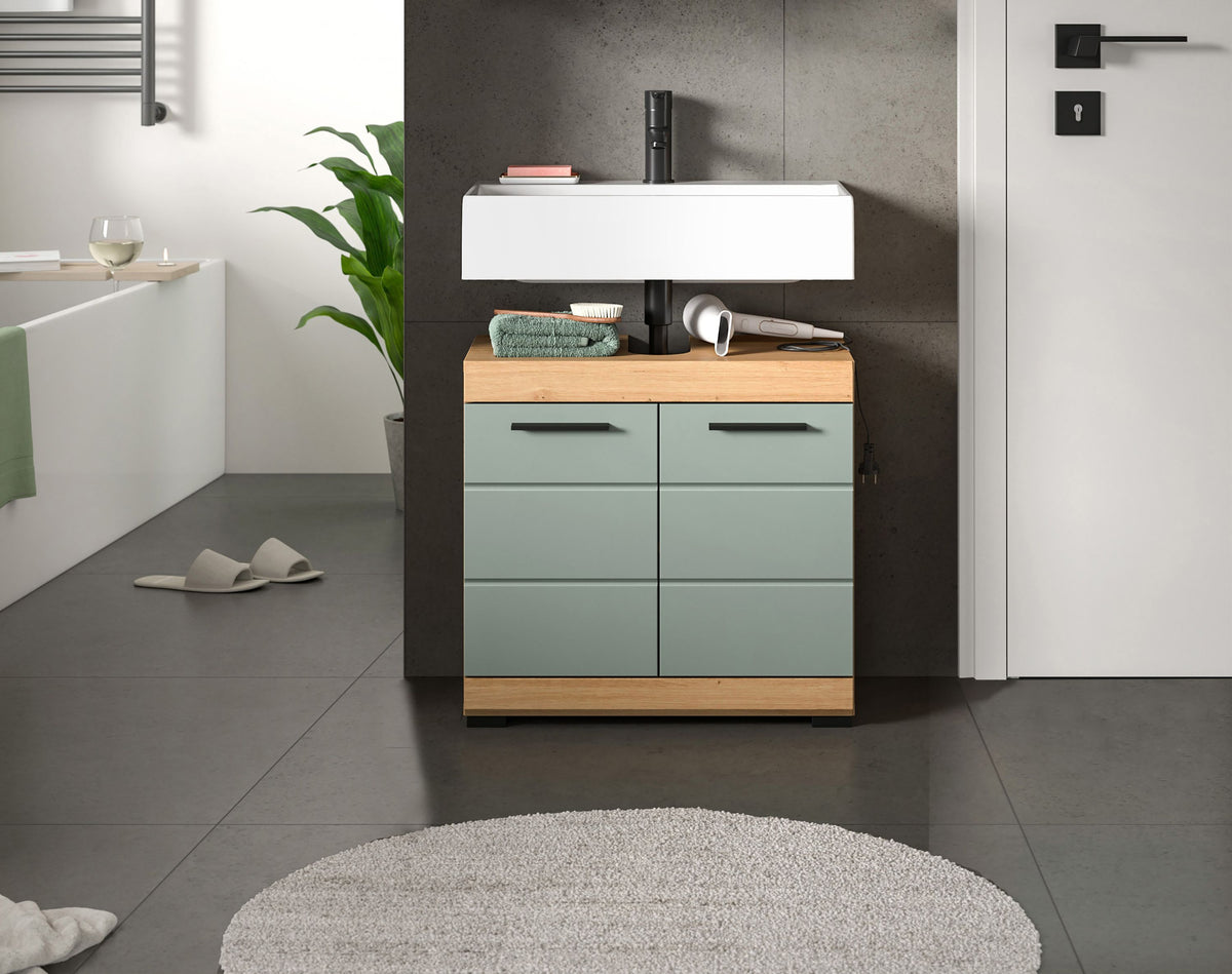 Waschbeckenunterschrank mit 2 Türen und 2 Schubladen, mintfarbene Front, Holzkorpus