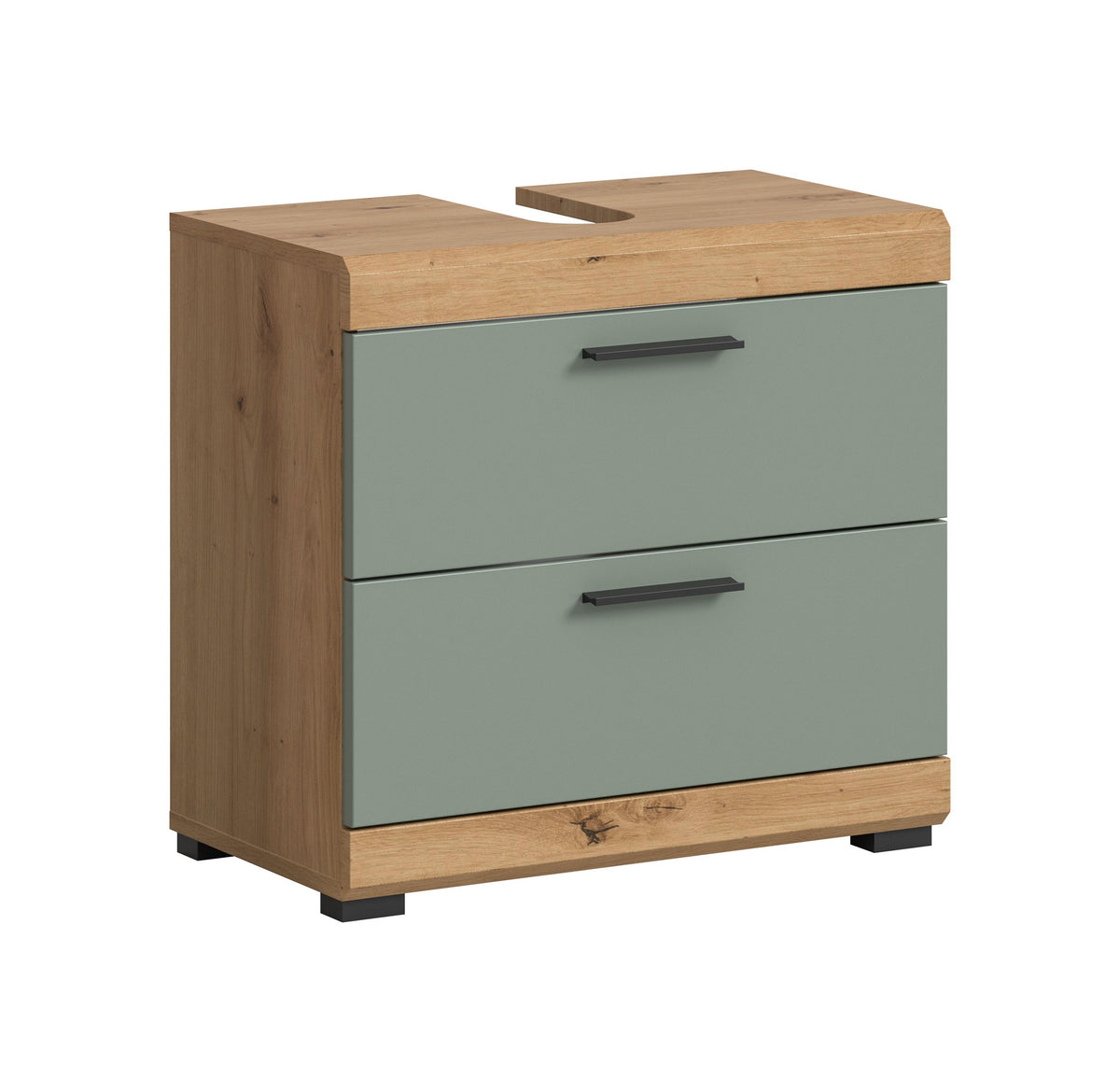 Waschbeckenunterschrank in Holzoptik und Salbeigrün, 2 Schubkästen mit Metallgriffen