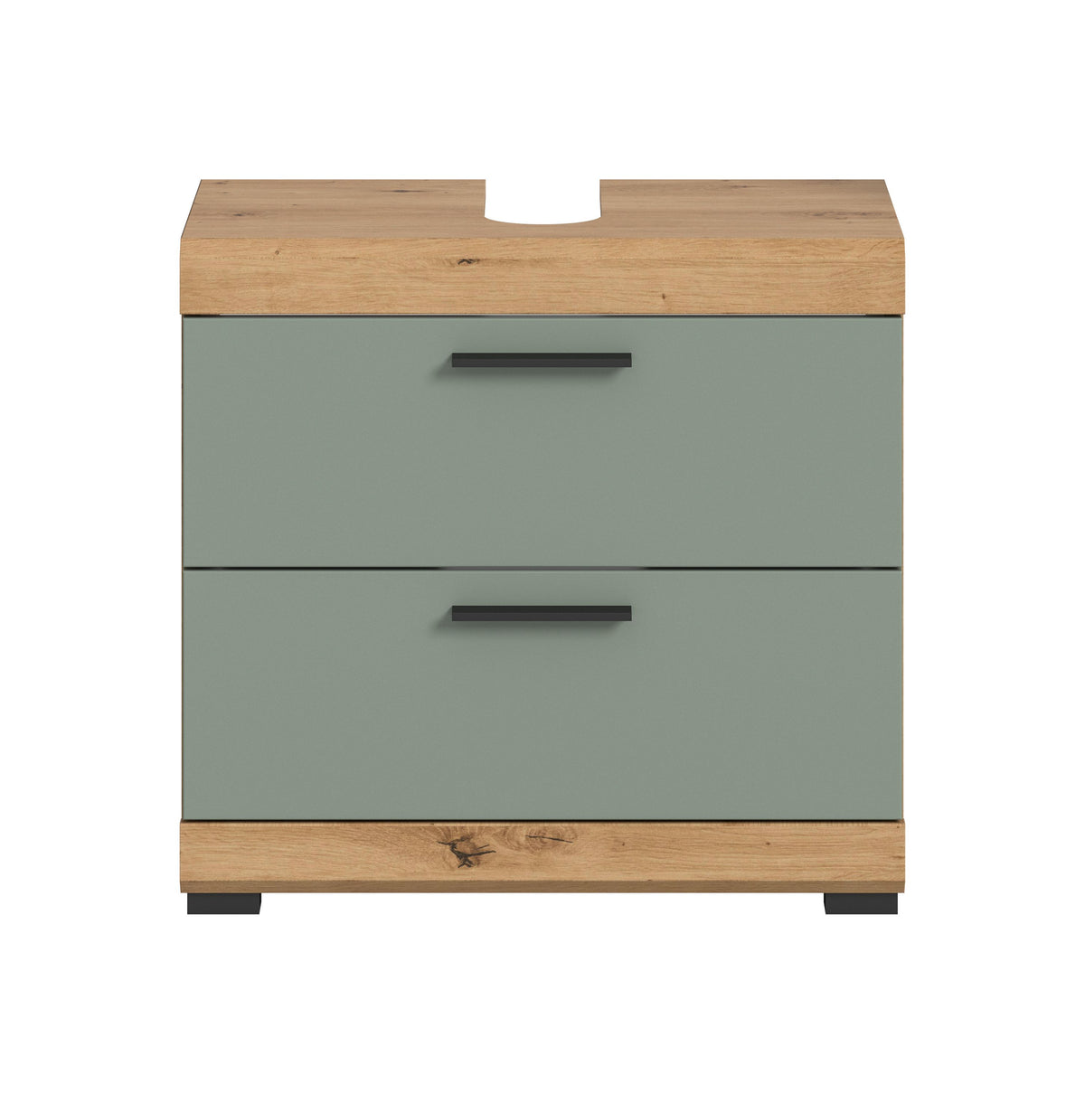 Waschbeckenunterschrank 60 cm mit zwei Schubladen und dunkelgrauen Griffen