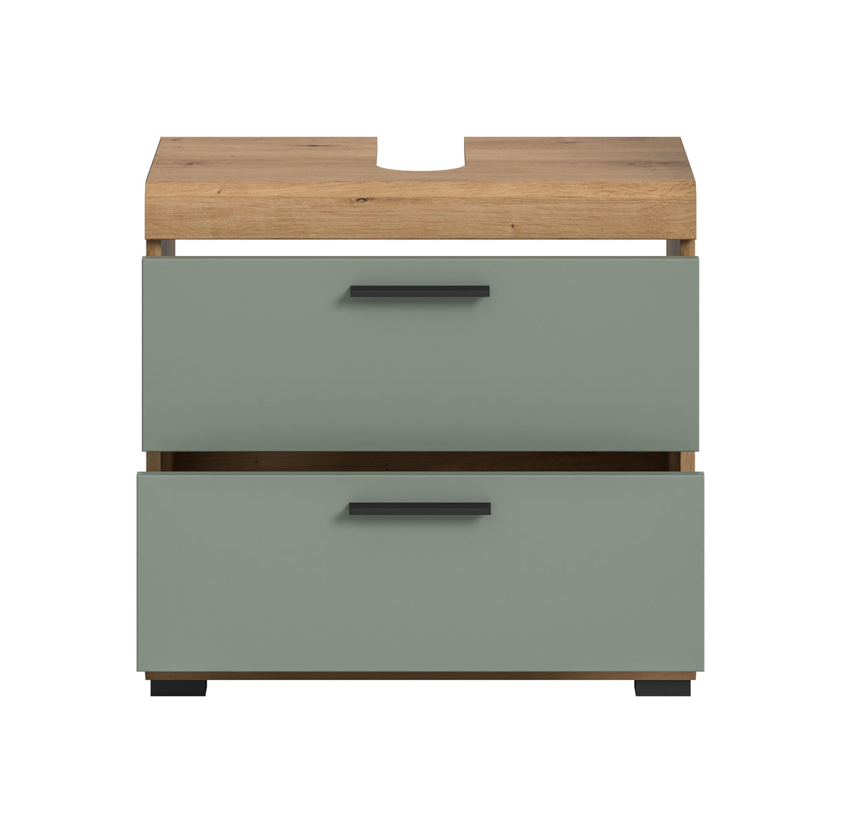Waschbeckenunterschrank 60 cm mit zwei Schubladen, grünlich und Holzoptik oben