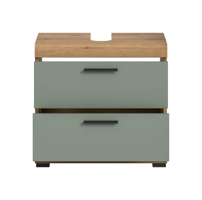 Waschbeckenunterschrank 60 cm mit zwei Schubladen, grünlich und Holzoptik oben