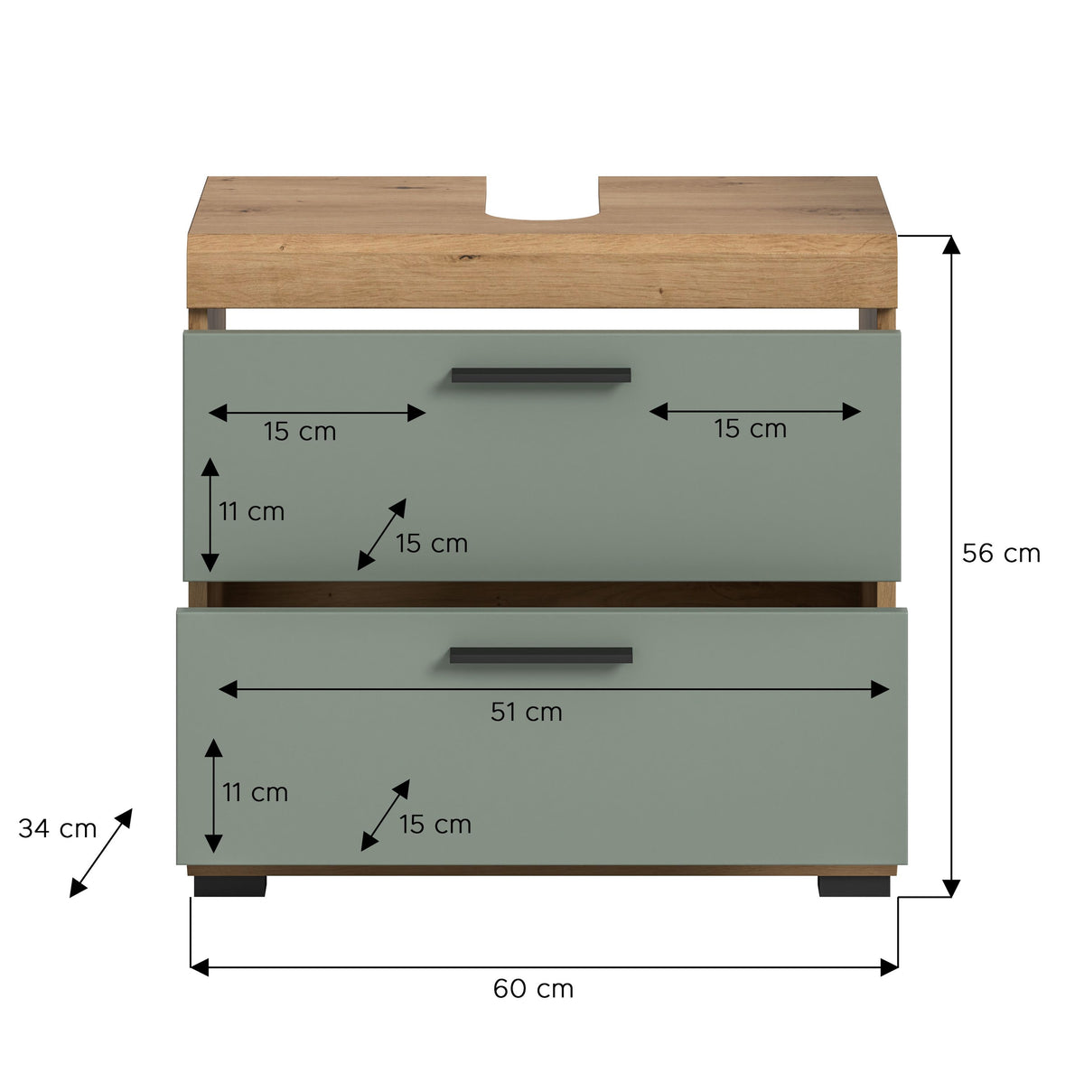 Waschbeckenunterschrank 60 cm mit zwei Schubladen, Griffen in Dunkelgrau