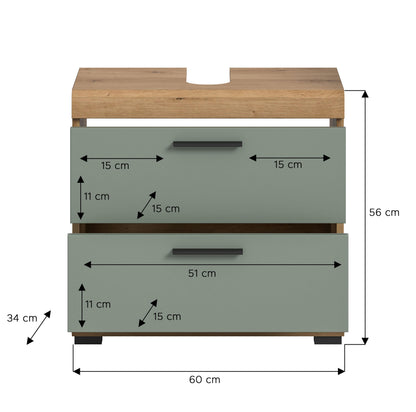 Waschbeckenunterschrank 60 cm mit zwei Schubladen, Griffen in Dunkelgrau