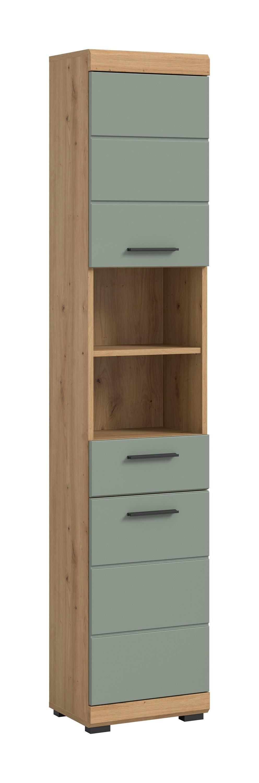 Badhochschrank mit offenen Fächern und Schubladen, Artisan-Eiche Rahmen, salbeigrüne Fronten