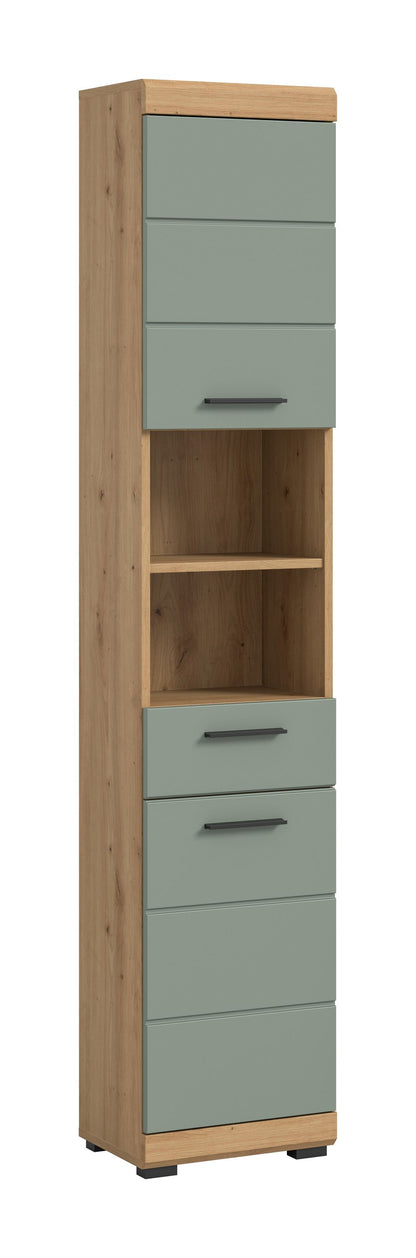 Badhochschrank mit offenen Fächern und Schubladen, Artisan-Eiche Rahmen, salbeigrüne Fronten