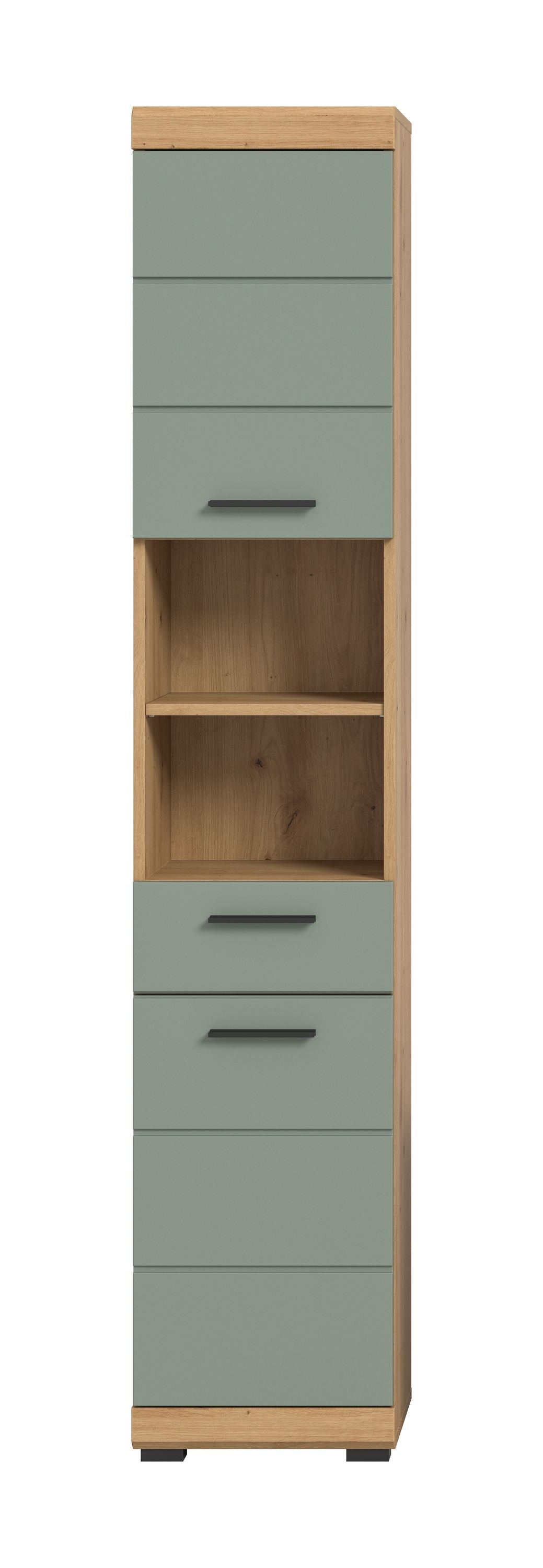 Badhochschrank mit Schubladen und offenen Fächern, Artisan-Eiche, salbeigrüne Türen