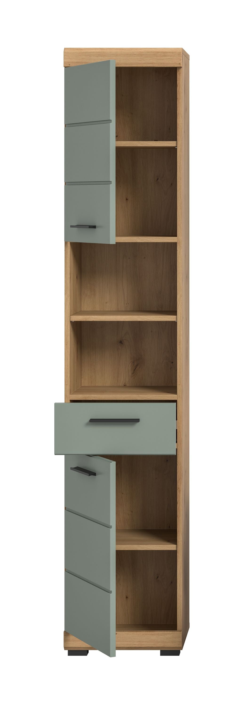 Badhochschrank in Artisan-Eiche Optik mit offenen Fächern, salbeigrüne Schubladenfronten
