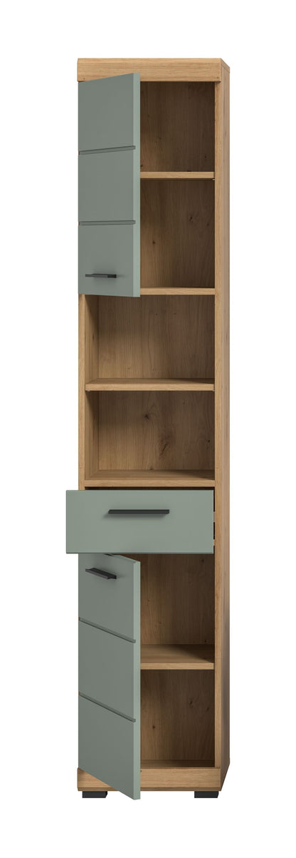 Badhochschrank in Artisan-Eiche Optik mit offenen Fächern, salbeigrüne Schubladenfronten