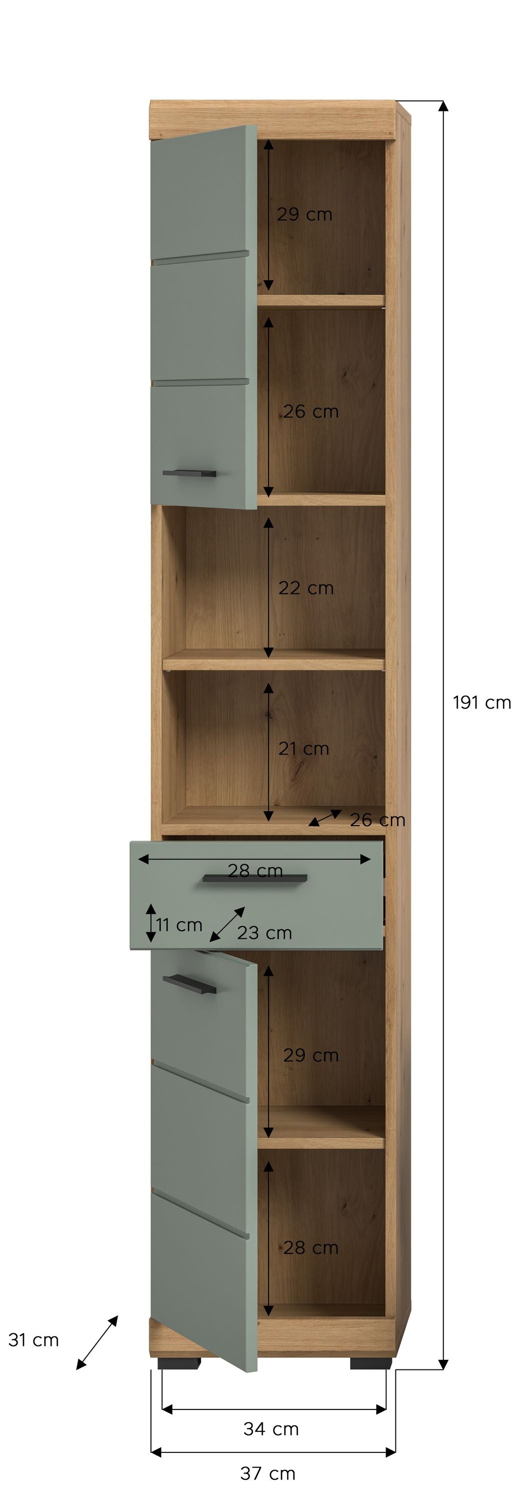 Badhochschrank mit offenen Regalfächern und Schubladen, Artisan-Eiche Seiten, salbeigrün