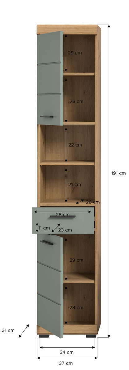 Badhochschrank mit offenen Regalfächern und Schubladen, Artisan-Eiche Seiten, salbeigrün