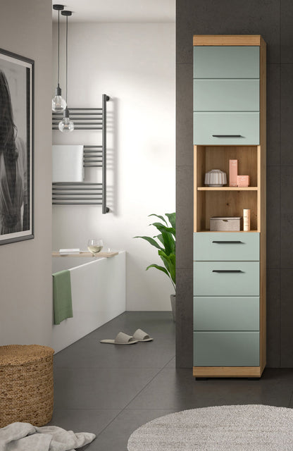 Badhochschrank in Artisan-Eiche und Salbeigrün mit offenen Fächern und Schubladen