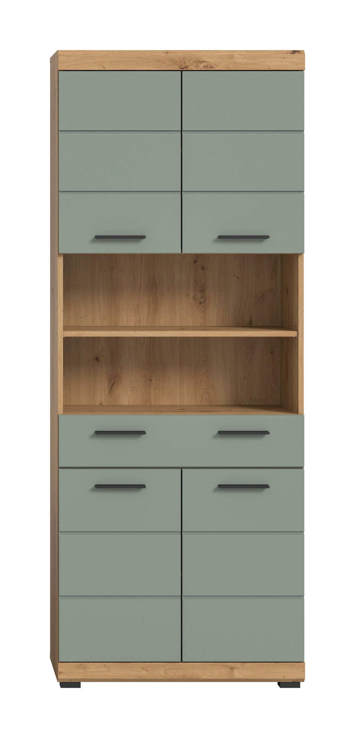 Badhochschrank mit offenen Fächern, hellgraue Fronten und Holzfuß, mit Griffmulden