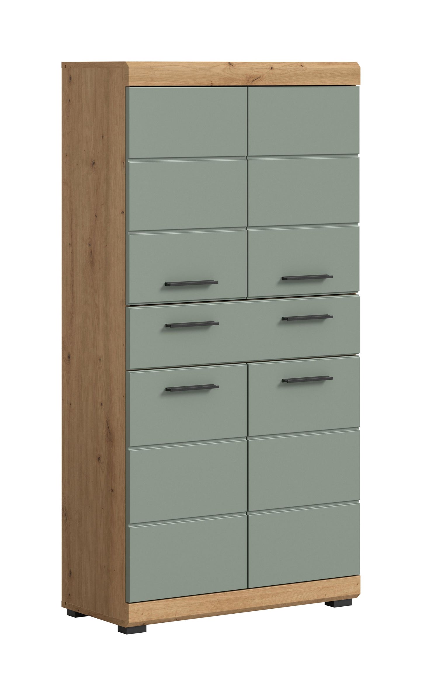Badhochschrank mit Schubladen, Artisan Eiche links, salbeifarbene Türen mit Griffen
