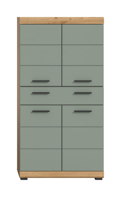 Badhochschrank mit Schubladen und Türen, graugrüne Front, Holzrahmen und Sockel
