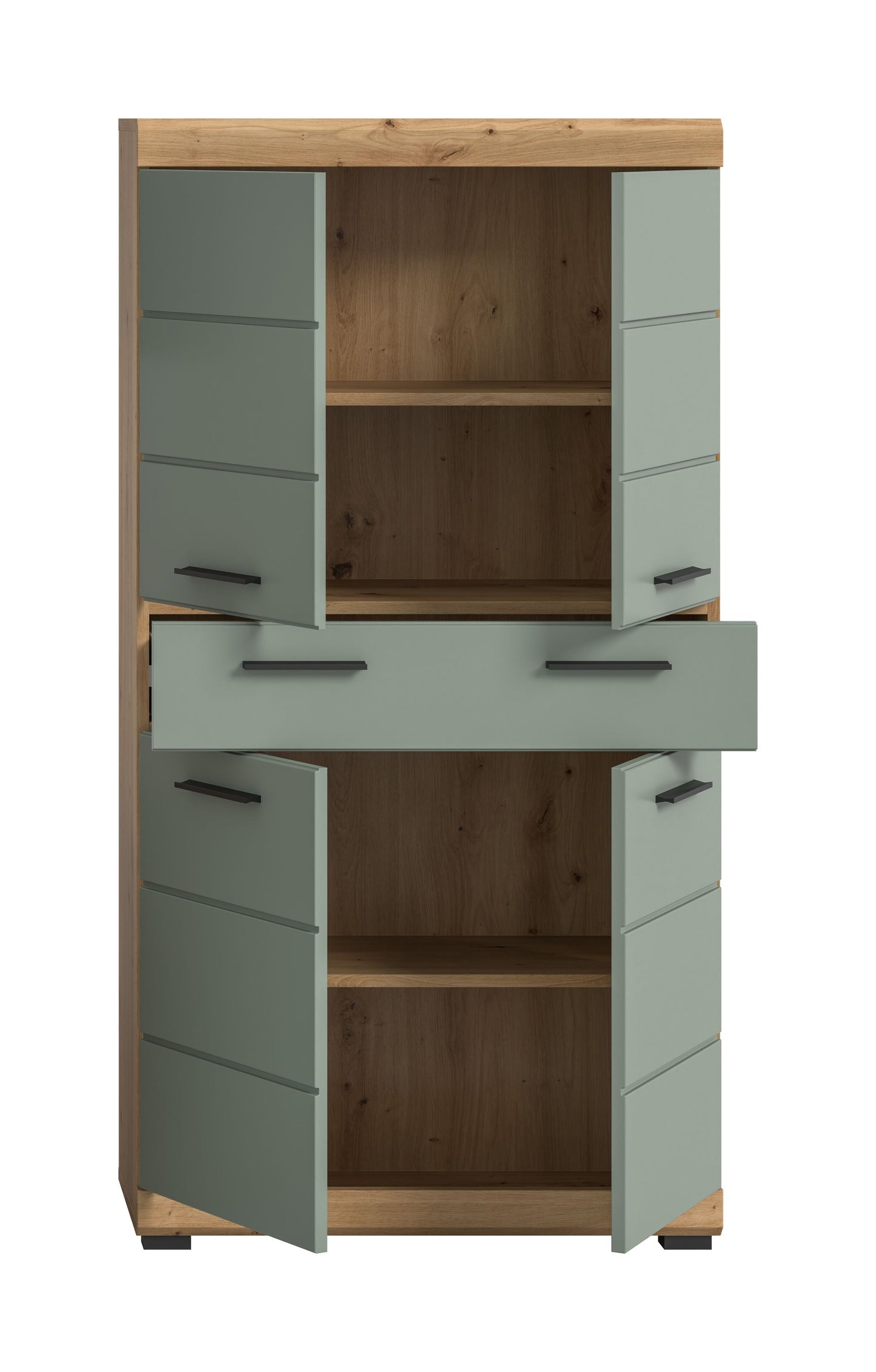 Badhochschrank mit Schubladen, salbeifarbene Front und Artisan-Eiche-Rückwand, offene Fächer