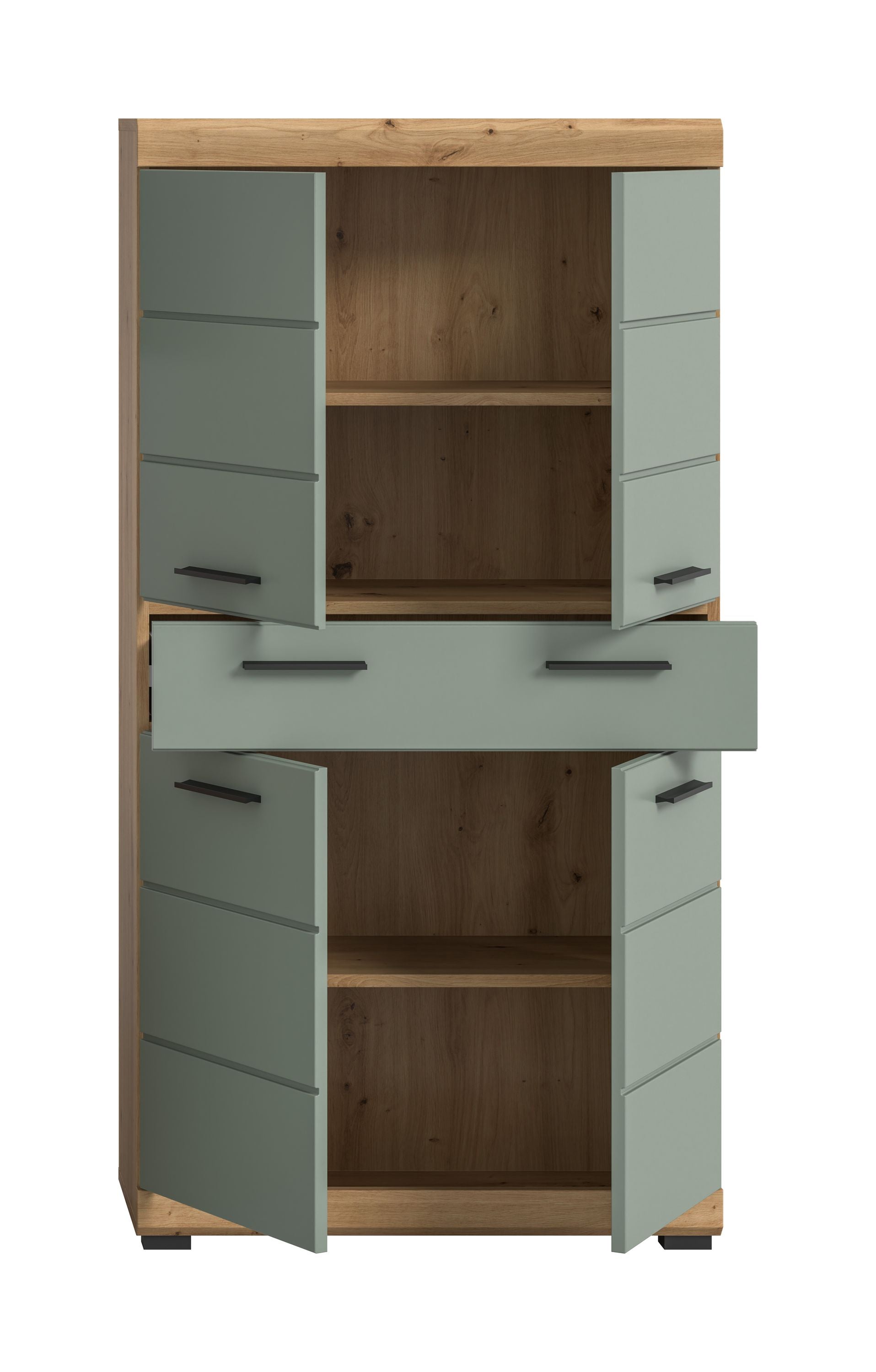 Badhochschrank mit Schubladen, salbeifarbene Front und Artisan-Eiche-Rückwand, offene Fächer