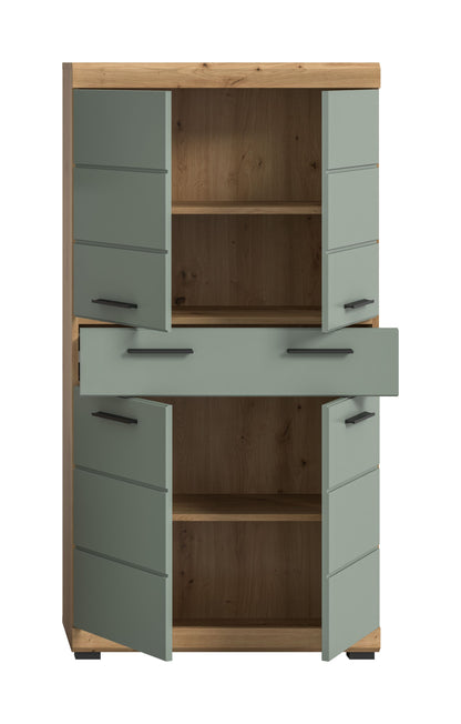 Badhochschrank mit Schubladen, salbeifarbene Front und Artisan-Eiche-Rückwand, offene Fächer