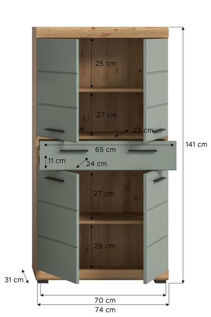 Badschrank innenansicht mit Fachböden, Schubladen und Türen, graugrüne Front
