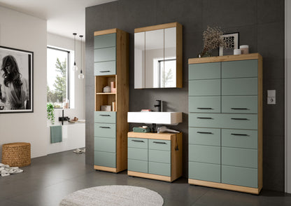 Badhochschrank mit Schubladen und Türen, graugrüne Front, Holzrahmen, seitliche Fächer