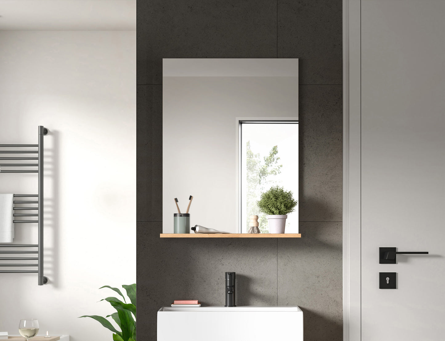 Rechteckiger Wandspiegel mit Ablage, schmaler Rahmen, Ablage mit Deko-Accessoires