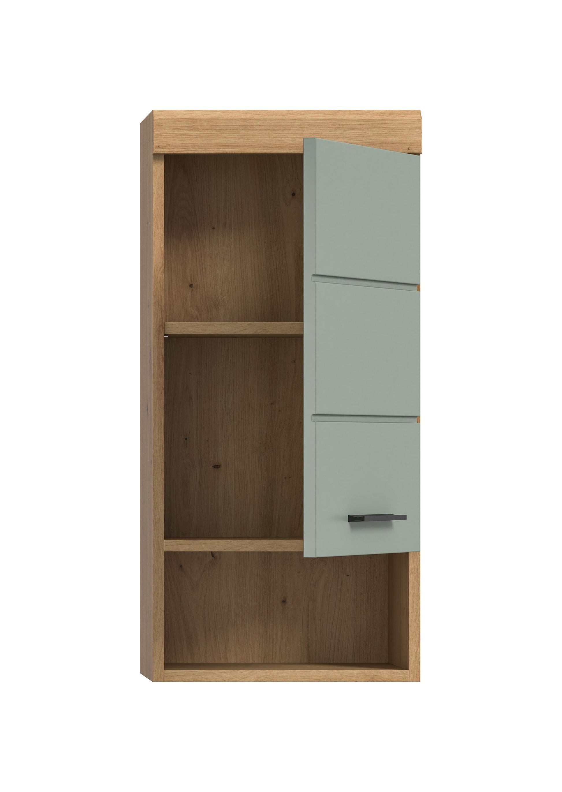Hängeschrank mit offenen Fächern und Schubfach, Eiche-Korpus, Front Salbei