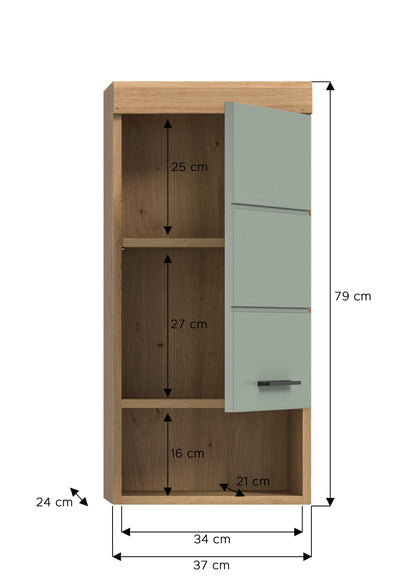 Maßzeichnung: Hängeschrank mit offenen Fächern und Schubfach, Eiche/Salbei