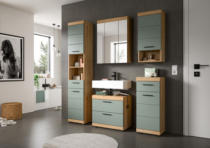 Badmöbel mit Hängeschrank und Schubfächern, Front Salbei, Holzoptik