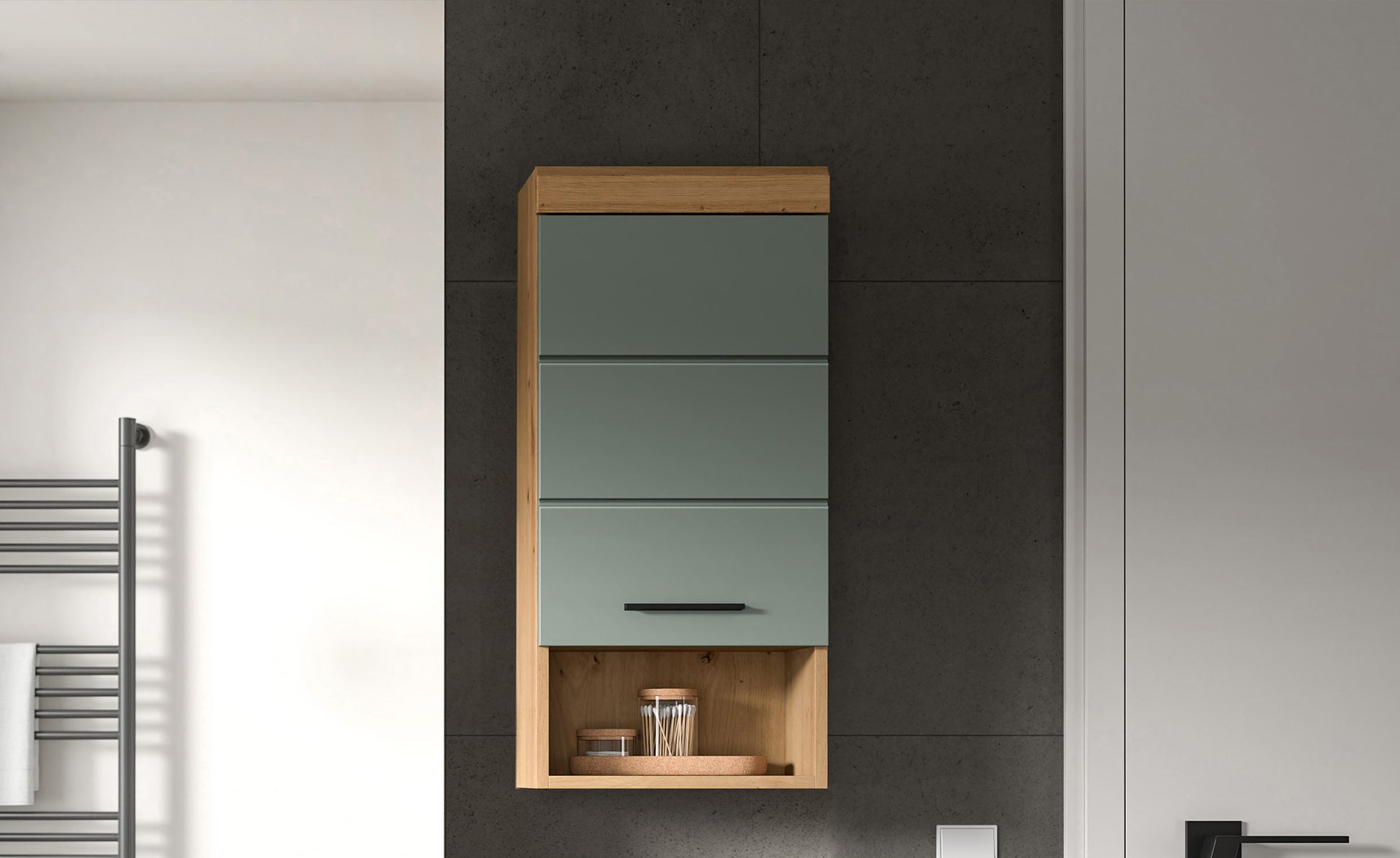Badezimmerschrank mit offenem Fach und Schubfächern, Korpus Eiche, Front Salbei