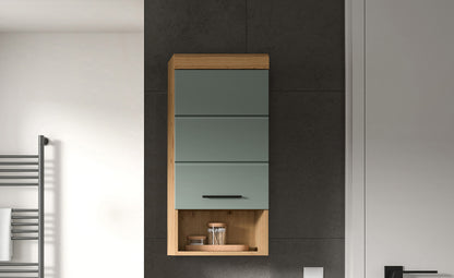 Badezimmerschrank mit offenem Fach und Schubfächern, Korpus Eiche, Front Salbei